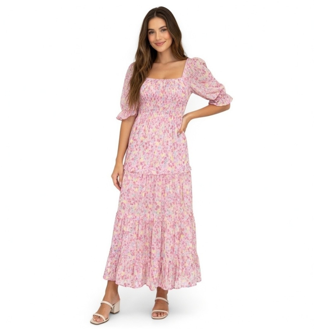 R. Yiposha Pink Multicolor Floral Midi Dress Milkmaid Tiered Square Neck Size S